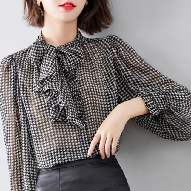 check pattern ribbon blouse <t801>
