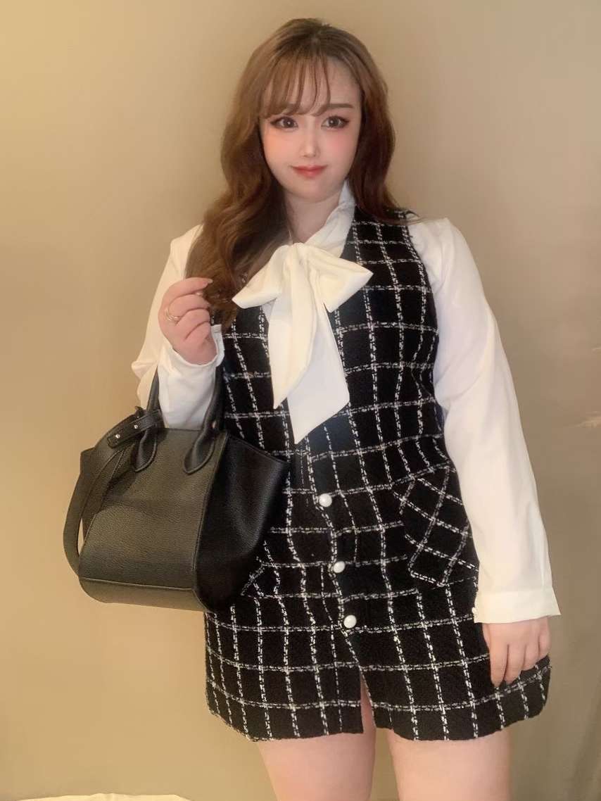 2点セット ツイード ミニワンピース&リボンタイ付きブラウス 大きいサイズ 韓国 CH3372