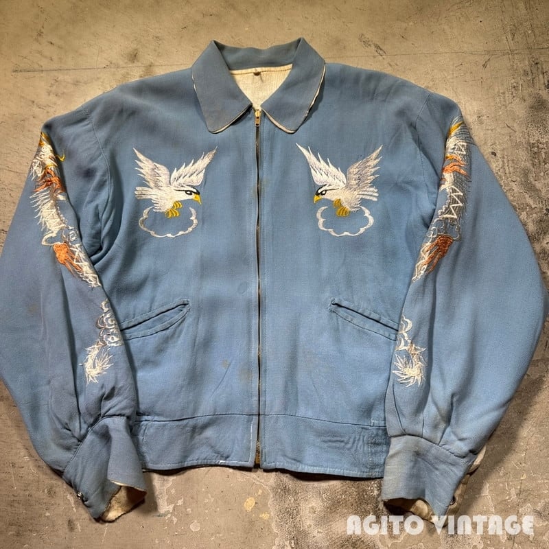 50's~ Unknown JAPAN SOUVENIER JACKET リバーシブルスーベニアジャケット サックスブルー×ホワイト 鷹 龍 虎 富士山 刺繍 Mサイズ 希少 ヴィンテージ BA-2916 RM3337H