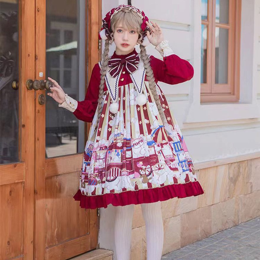 サブカル 服 地雷系 通販 ふわふわ ロリータ ワンピース ドレス Aライン 長袖 レッド 赤 ポップコーン柄 ぽんぽん くまちゃん