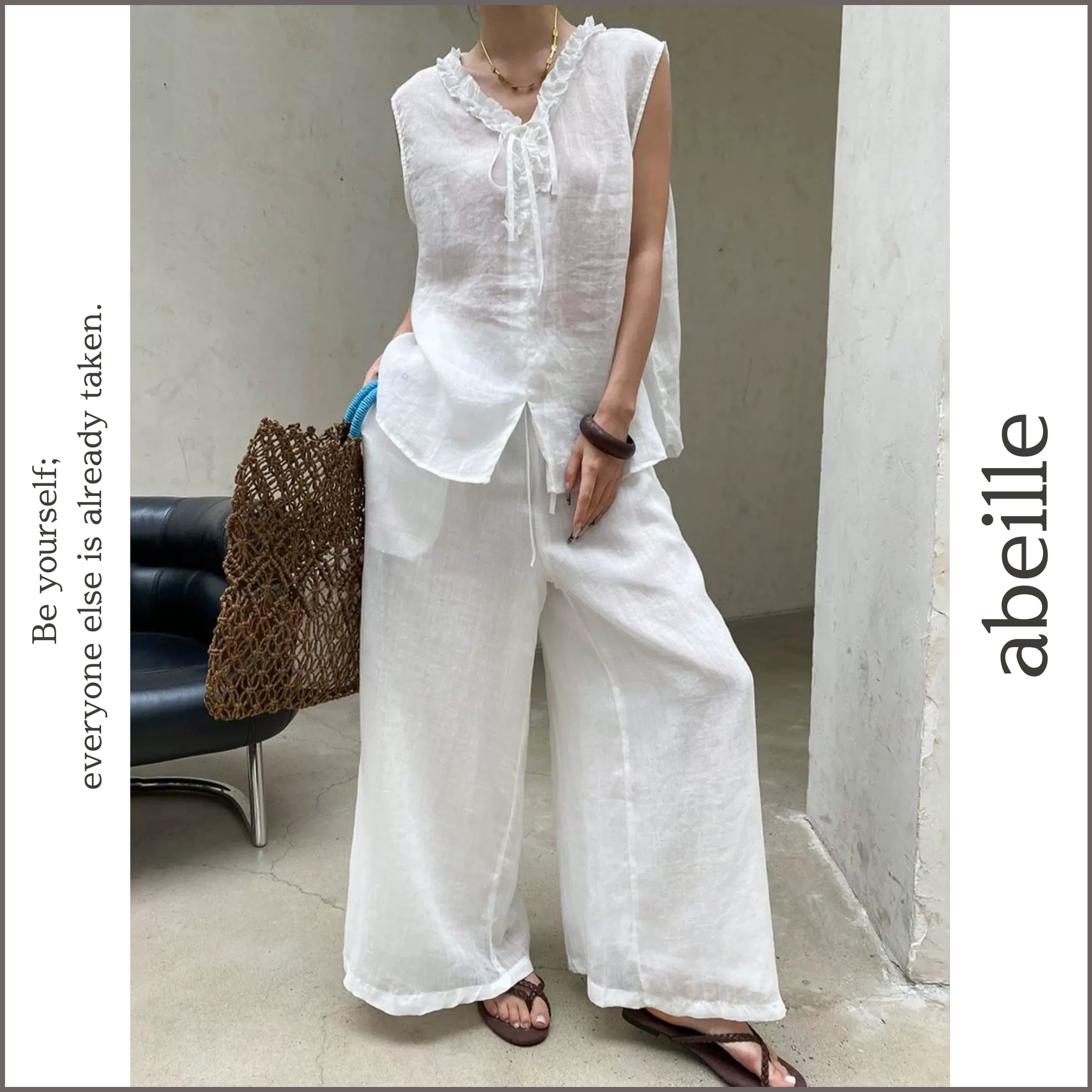 frill neck sleeveless top & wide pants set 14635