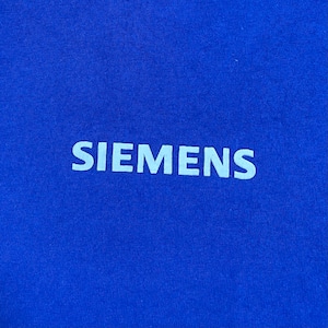 【HANES】企業系 企業ロゴ プリント Tシャツ SIEMENS シーメンス ワンポイントロゴ バックプリント 半袖 ヘインズ ブルー L US古着