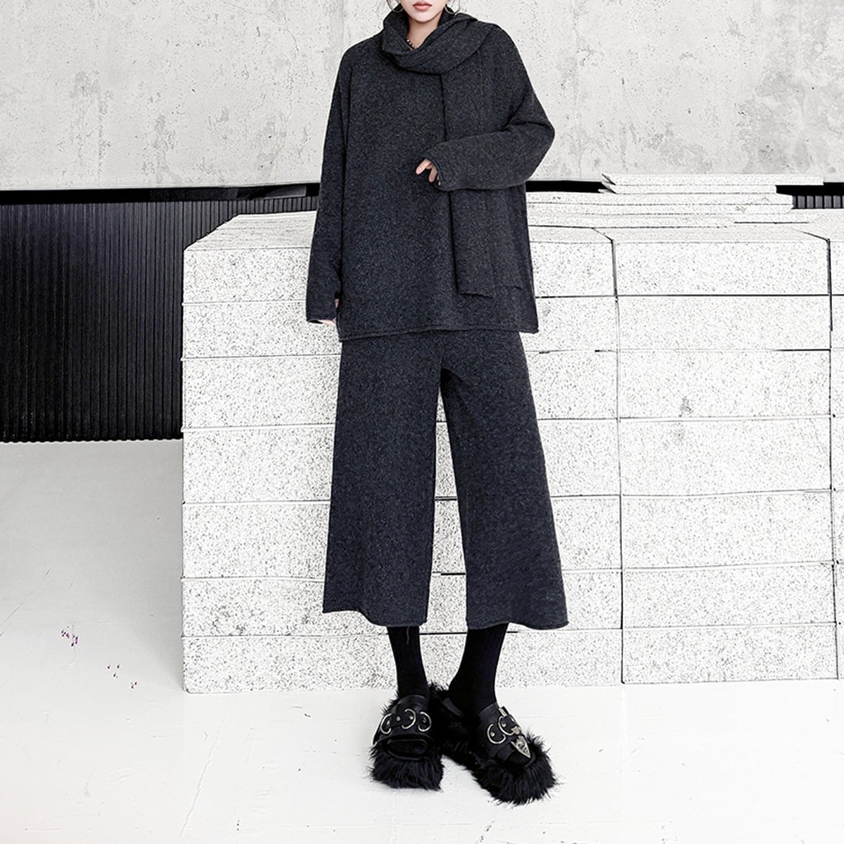 マフラー付き ニット トップス ワイドパンツ 3点セット 2color ST0255