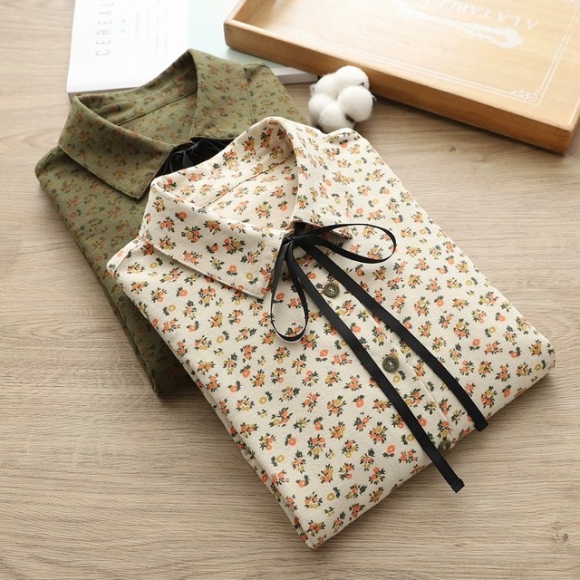 クラシカル小花プリント リボンタイブラウス     2color      fu0946