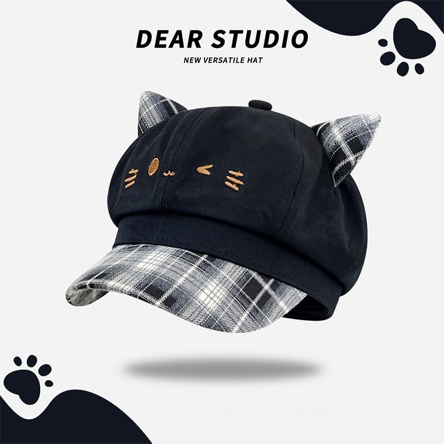 日差しを遮る愛らしい猫耳 チェック柄つばのサブカル猫耳八角帽