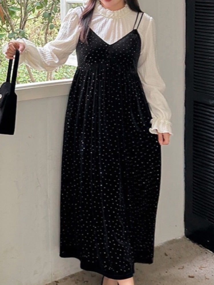 レトロガーリーな上品コーデが叶う フリルブラウス&ドット柄キャミワンピースセット お呼ばれ きれいめ フェミニン 大人可愛い 韓国 CH10051