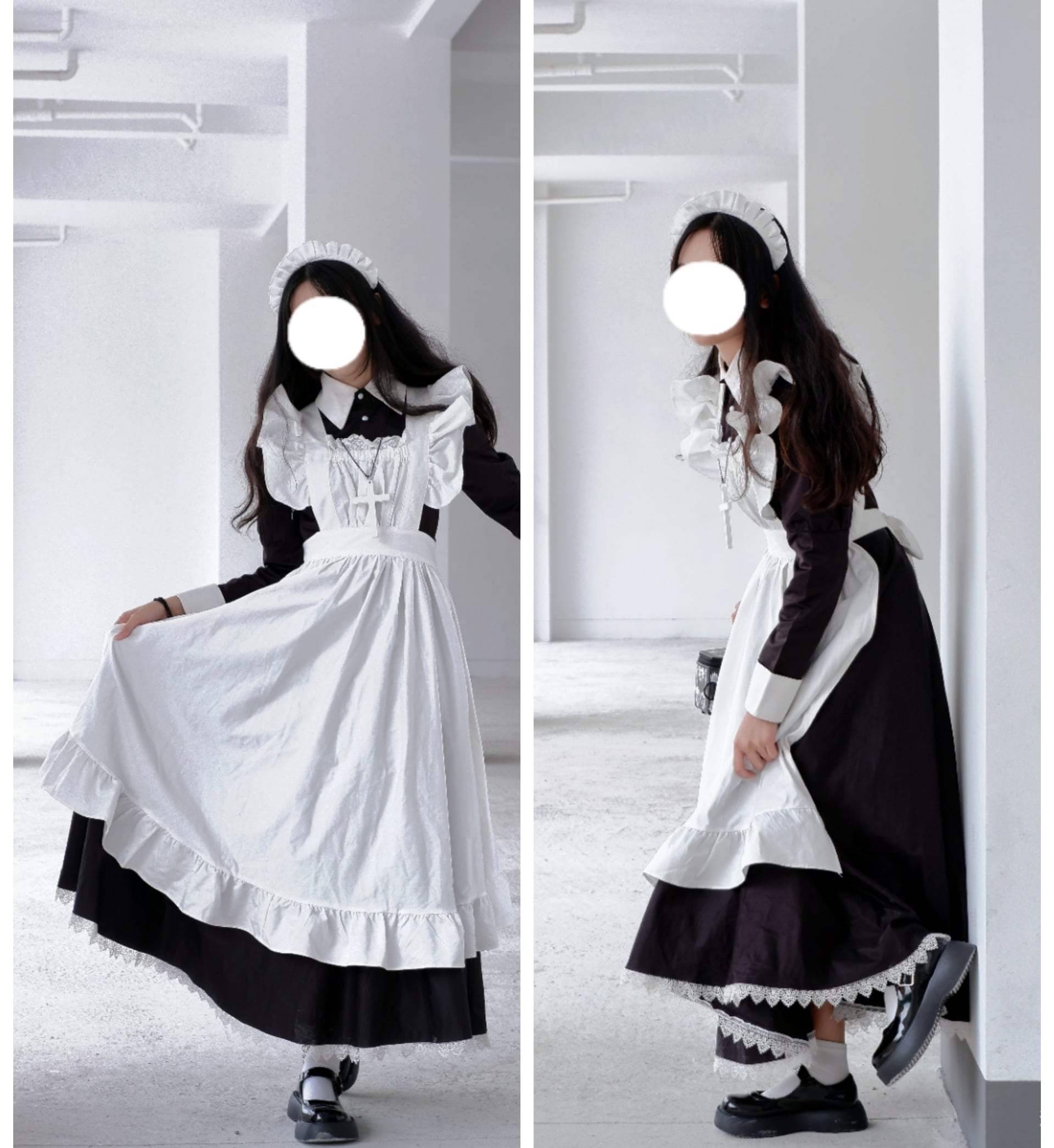 Maid mimi 　ワンピース　エプロン　セット　ブラック　ロング　メイド服
