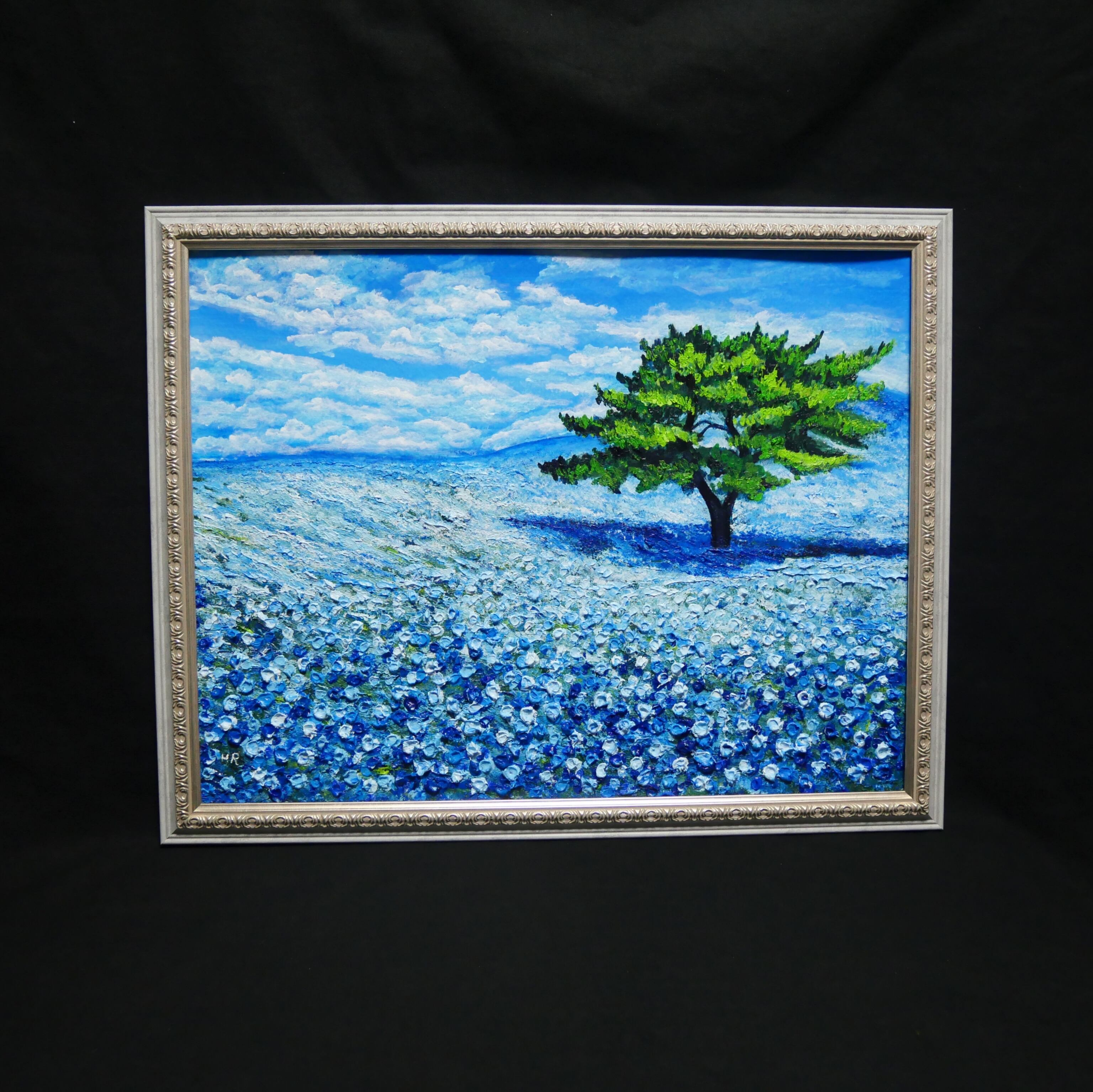 油絵 油彩 油彩画 絵画 絵【青空の丘】 希望を運ぶ青い花【青空のネモフィラの丘】インテリアアート原画