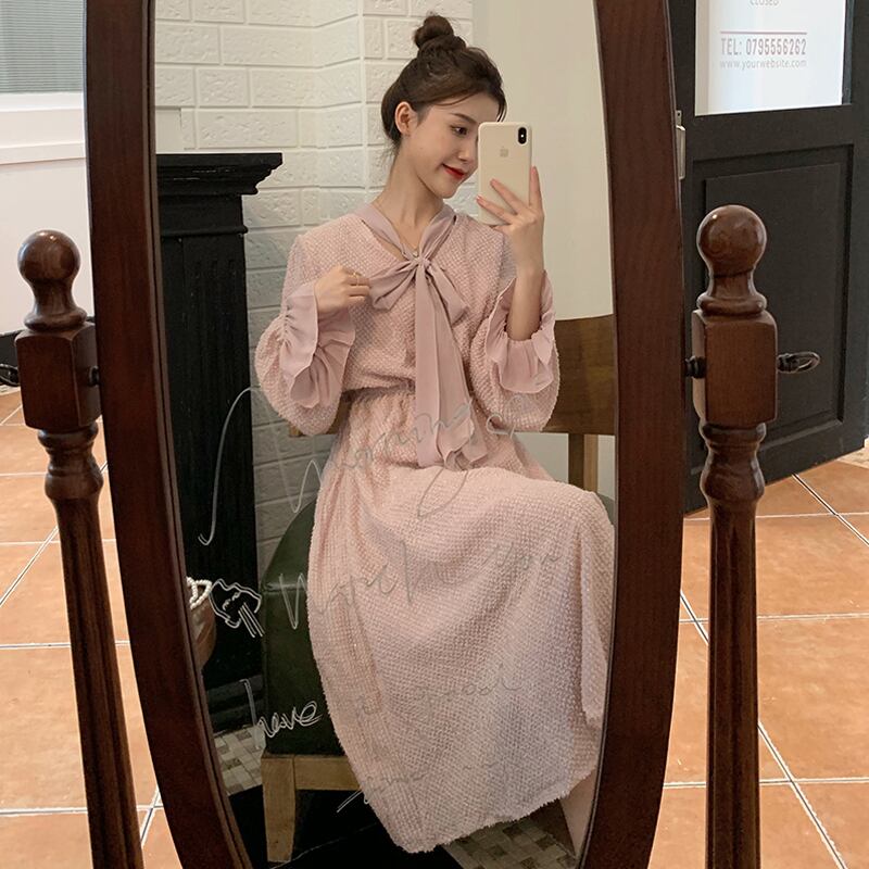 ドレス スプリングリボンVネックウェストAラインスカート 大人ガーリー スウィート キュート カジュアル 春物 試着室35329356389