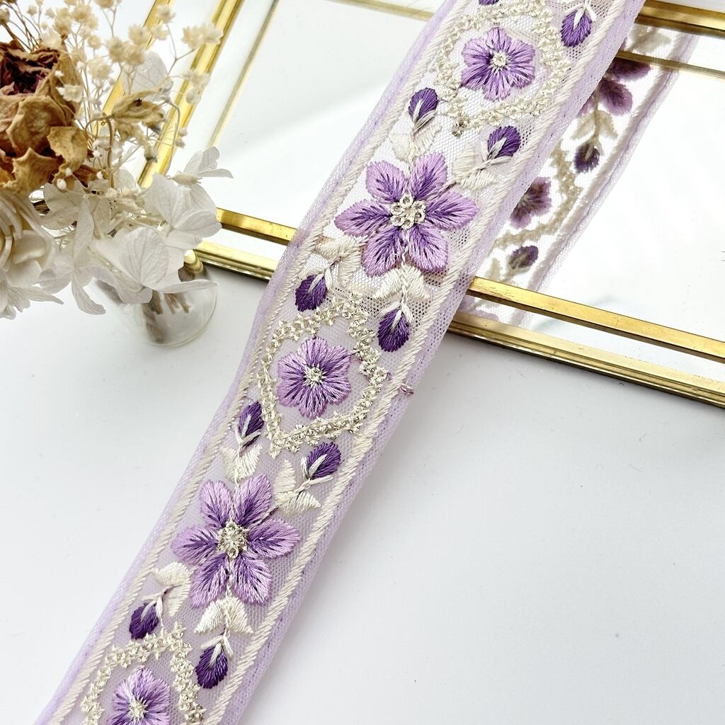 1ロール パステルフローラル [パープル]インド刺繍リボン 1647-1R