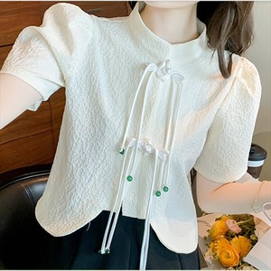 【送料無料】 半袖ブラウス チャイナ風 中国 リボン 無地 エレガント系 プチプライス 大人可愛い ラウンドネック 30代 40代  レディースファッション 可愛い お出かけ 女子会 デイリーユース お茶会 お呼ばれ ゆったり 大きめ プラスサイズ