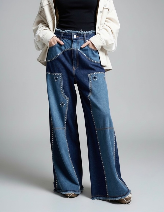 ラスト１点【S/SS】ブルー | ダブルニーバギー2WAYスタッズデニムパンツ