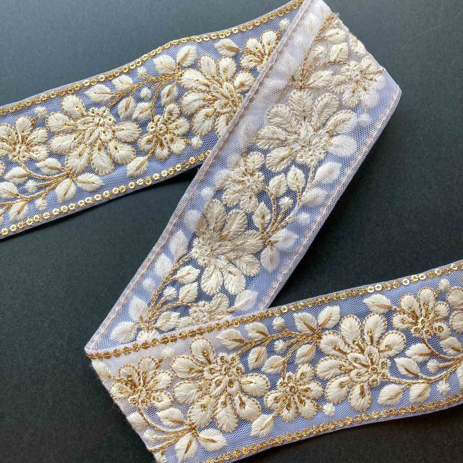 スパンコールライン白扇花刺繍チュールレース（50cm〜） | Dua