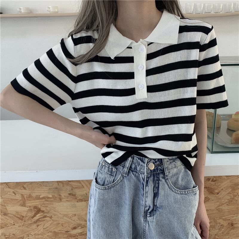 ボトムシャツタイド半袖2020年新夏レディースバージョンのポロカラーストライプセータールーズオールマッチブラウス 1号婦人51511178031