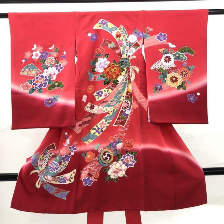 1873 正絹 一つ身 赤 刺繍 花 襦袢付 牡丹 豪華 七五三 かけ着