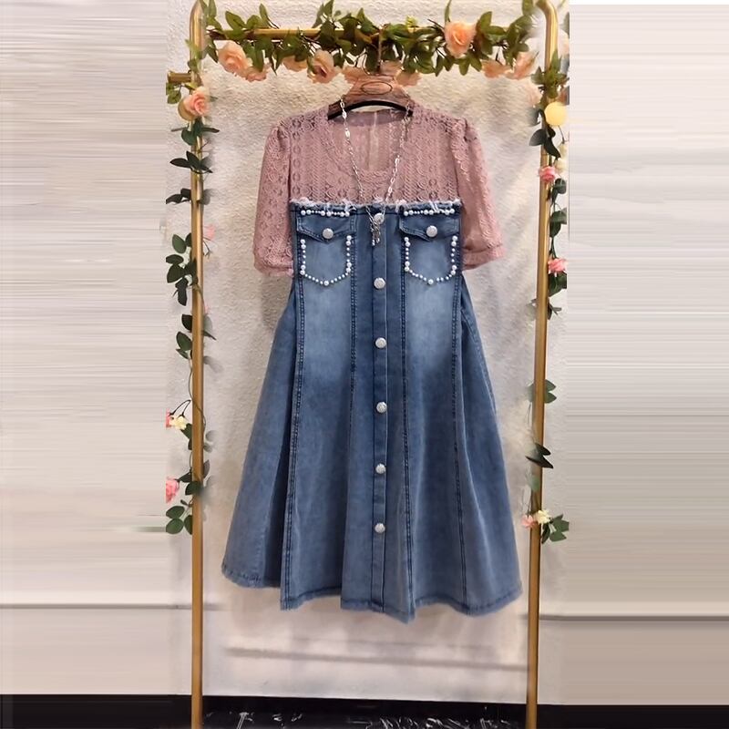 サマーレースドレス ルーズ薄手 大きめサイズ 夏物 ミックスインファッション89968688647