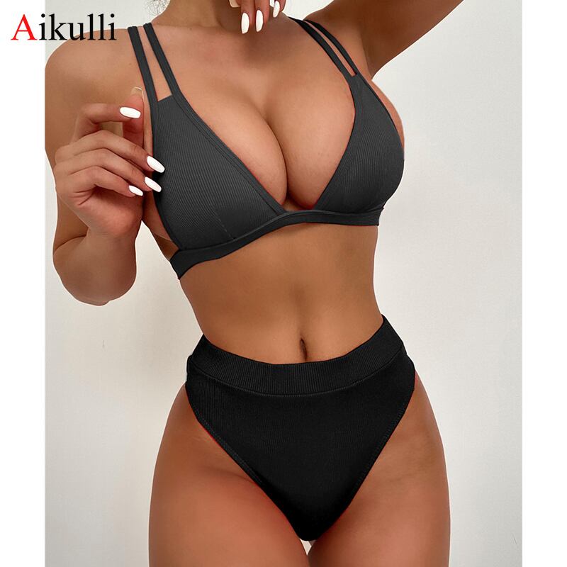 送料無料 セクシーなVネックウエストビキニブラック水着2021リブ付き