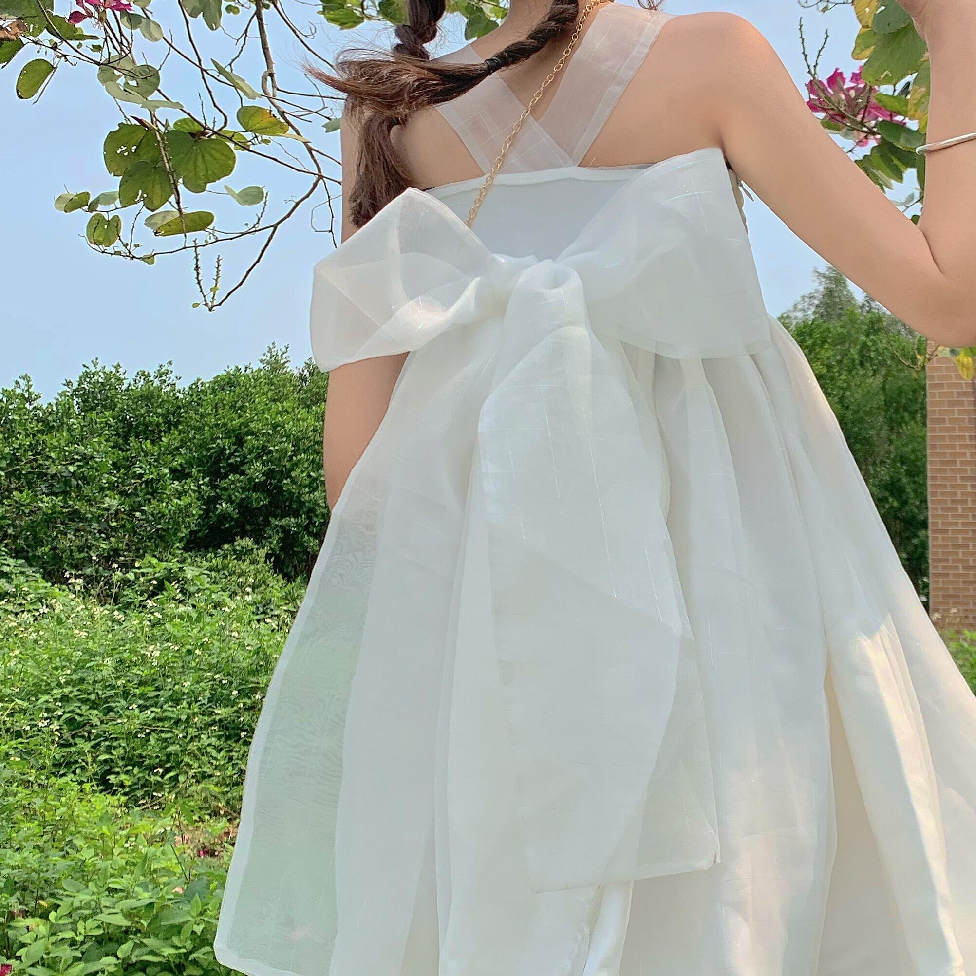 バックドレス レディースサマーノースリーブソリッド カラーハイウェストスカート リボン 大人ガーリー スウィート キュート カジュアル 夏物 ソリッドカラー 萌量不足87232483615