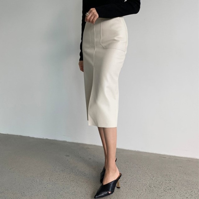 High waist elegant front slit middle leather skirt ( 2color )