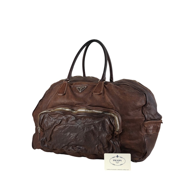 PRADA プラダ ハンドバッグ ブラウン トライアングルロゴ レザー ウォッシュドレザー ボストンバッグ vintage ヴィンテージ オールド 2umzpg