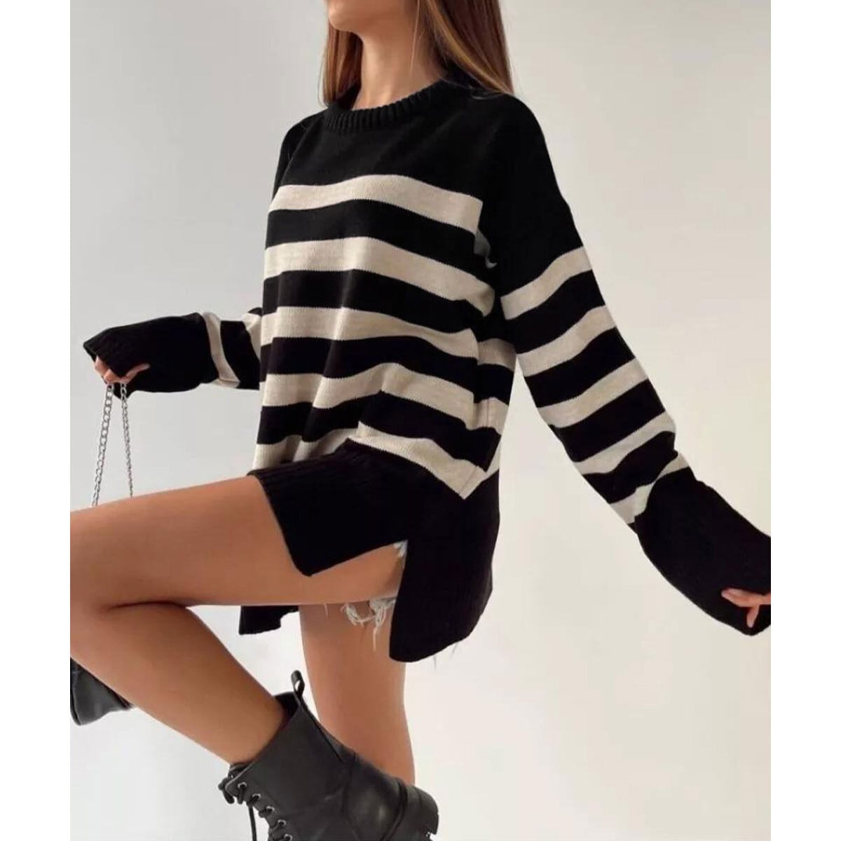 ニット セーター ボーダー柄 長袖 レディース 春秋 トップス 韓国 大人 カジュアル おしゃれ ゆったり 体型カバー サイドスリット ドロップショルダー ボーダーニット 大人可愛い 大人女子