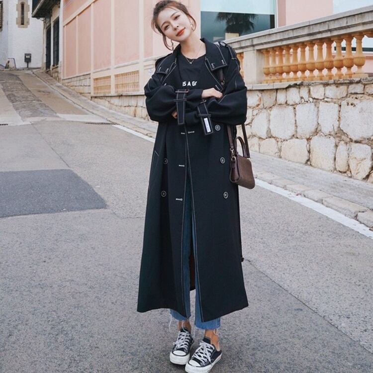 Outer Long Black アウター コート ジャケット スプリングコート ウインドブレーカー トレンチコート 長袖 黒 ブラック ロング丈 ゆったり オーバーサイズ カジュアル きれいめ 大人 ボタン 春 秋 冬 代 30代 40代 Sea Sign Post