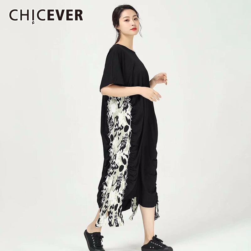 CHICEVERパッチワーク巾着プリントレディースドレスOネックウエストヒットカラー特大ミディドレス2020夏服 サマー 夏物 6base516203321366