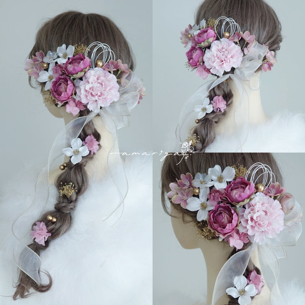 髪飾り ダリアとマーブルローズと桜
