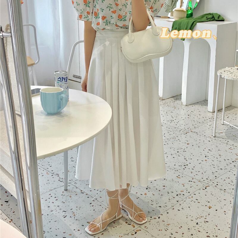 プリーツAラインスカート サマースタイルハイウェストホワイト 夏物 ビッグFスモールZ韓国43310067677