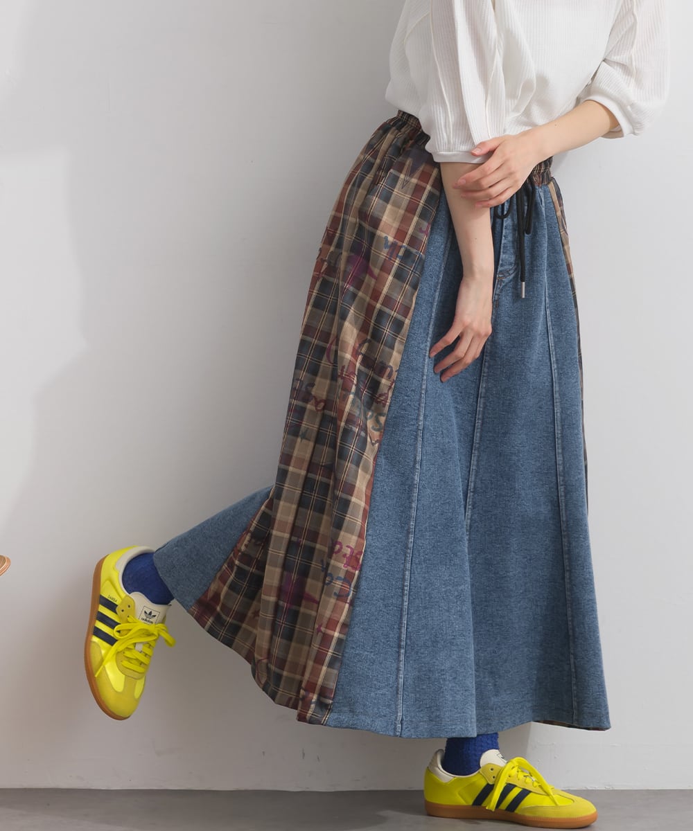 D54044 【体型カバーデニムシリーズ】 デニム×チェック切替スカート