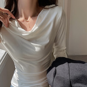ドレープ Tシャツ 長袖 レディース 春秋 トップス 韓国 大人 カジュアル きれいめ ストリート おしゃれ ドレープネック 無地 カットソー 大人可愛い 大人女子