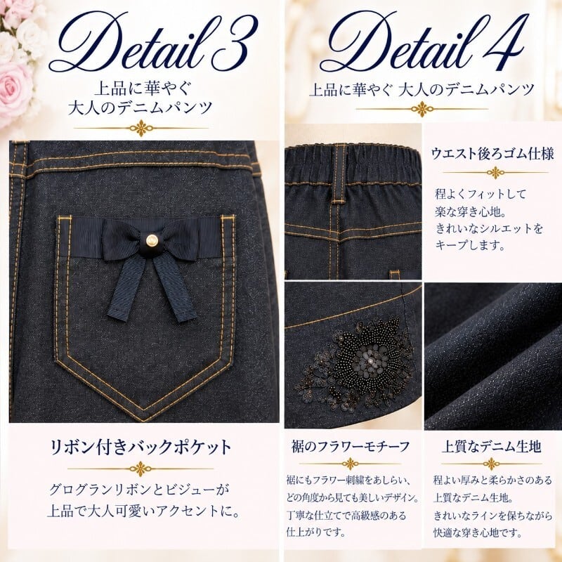 スーパービューティー デニムパンツ ワイドパンツ フラワーレース