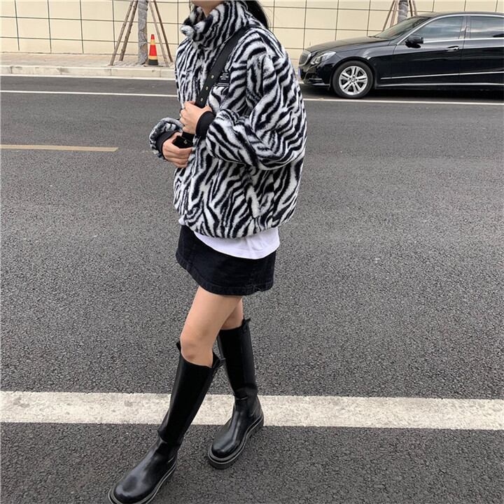 大人気 気質 長袖 短いスタイル ゼブラ柄 ファー コート 秋冬 厚手 暖かい ゆったりする