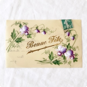 フランスアンティーク セルロイド ポストカード | 愛らしいスミレの花 ハンドペイント | 1900年代初期（H001）