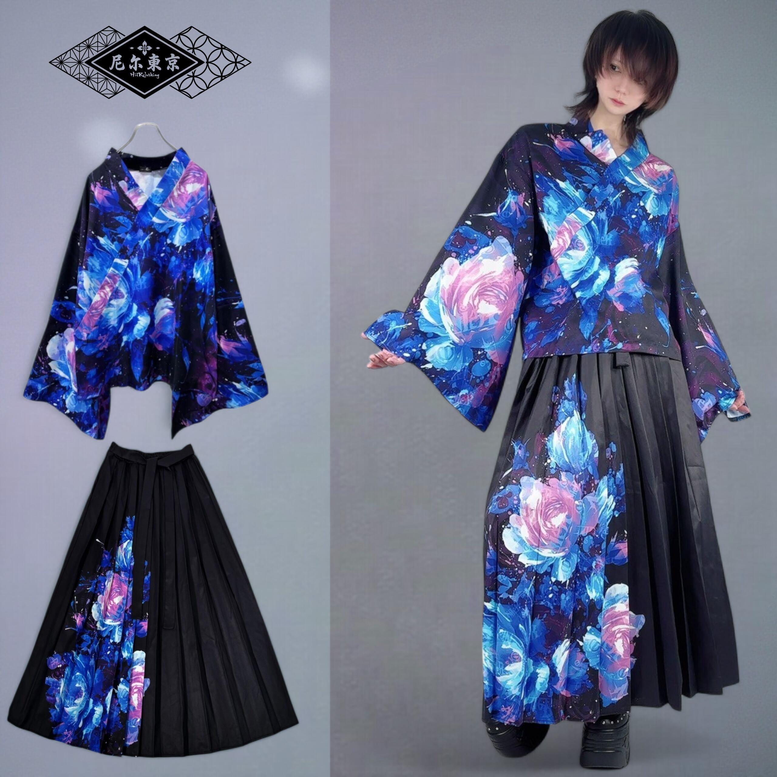 軽量着物袖UNISEXプルオーバー【青和柄薔薇】 | NIER CLOTHING