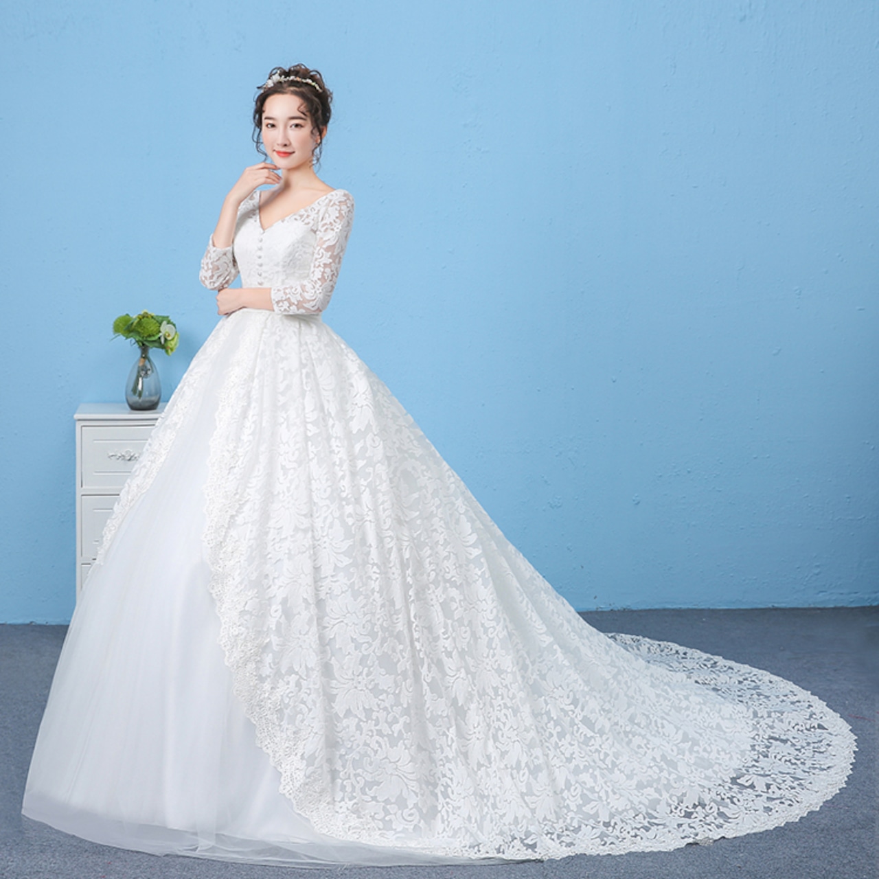 ウエディングドレス ホワイト 繊細レース Vネック V タンクトップ  