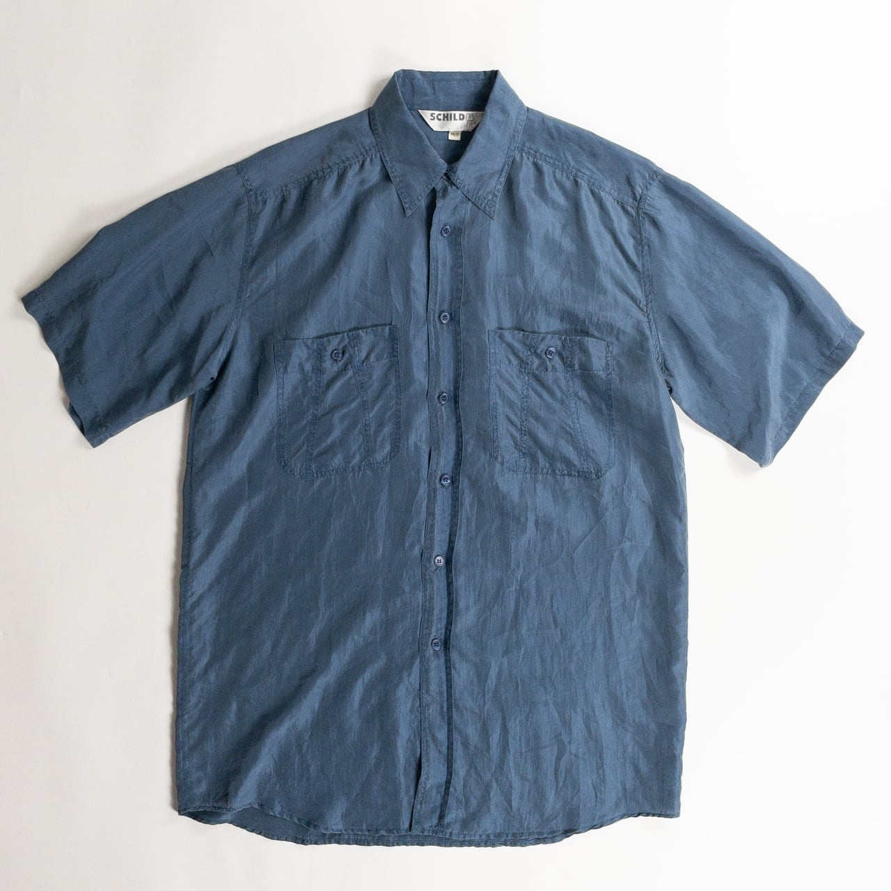 1990s "SCHILD" Steel Blue Silk S/S Shirt
