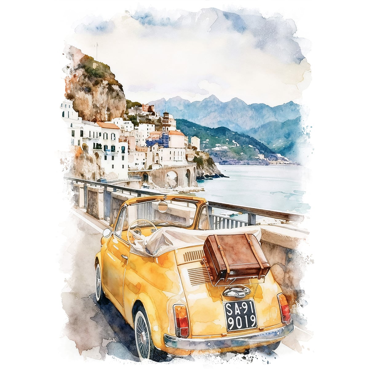 絵画 イタリア 風景画(街並み) アマルフィ海岸を走るFIAT 50 インテリアアート額付き 水彩画・油絵調 WAT0379