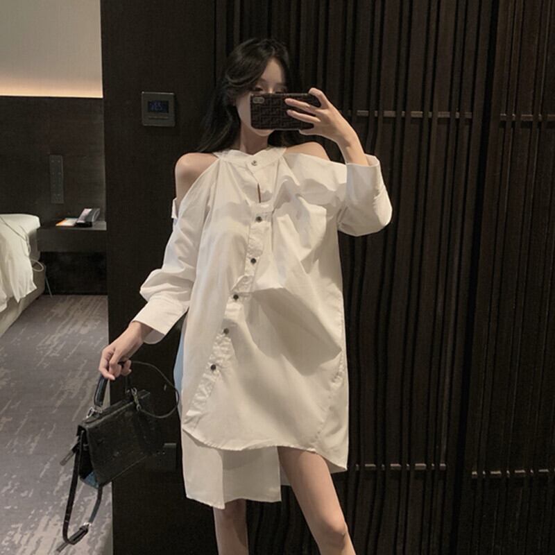オフショルダーイレギュラーシャツレディース2020夏新作ファッション丁寧マシンピュアカラーシングルブレストミドル丈ワンピース YY-ファッション87503965682