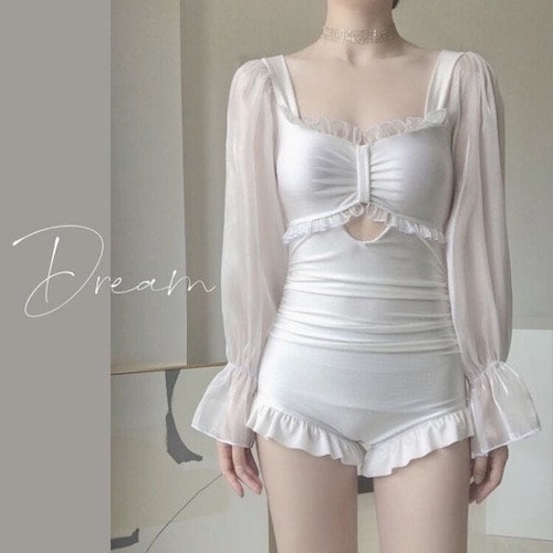 水着 ワンピース水着 レディース 長袖 袖あり 腹カバー フリル 無地 デート カジュアル 旅行 温泉 プール リゾート レトロ キュート ラブリー ガーリーお洒落 可愛い 10代 20代 ホワイト