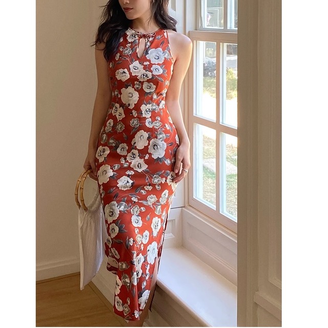 elegant chinoiserie split dress <d2386>