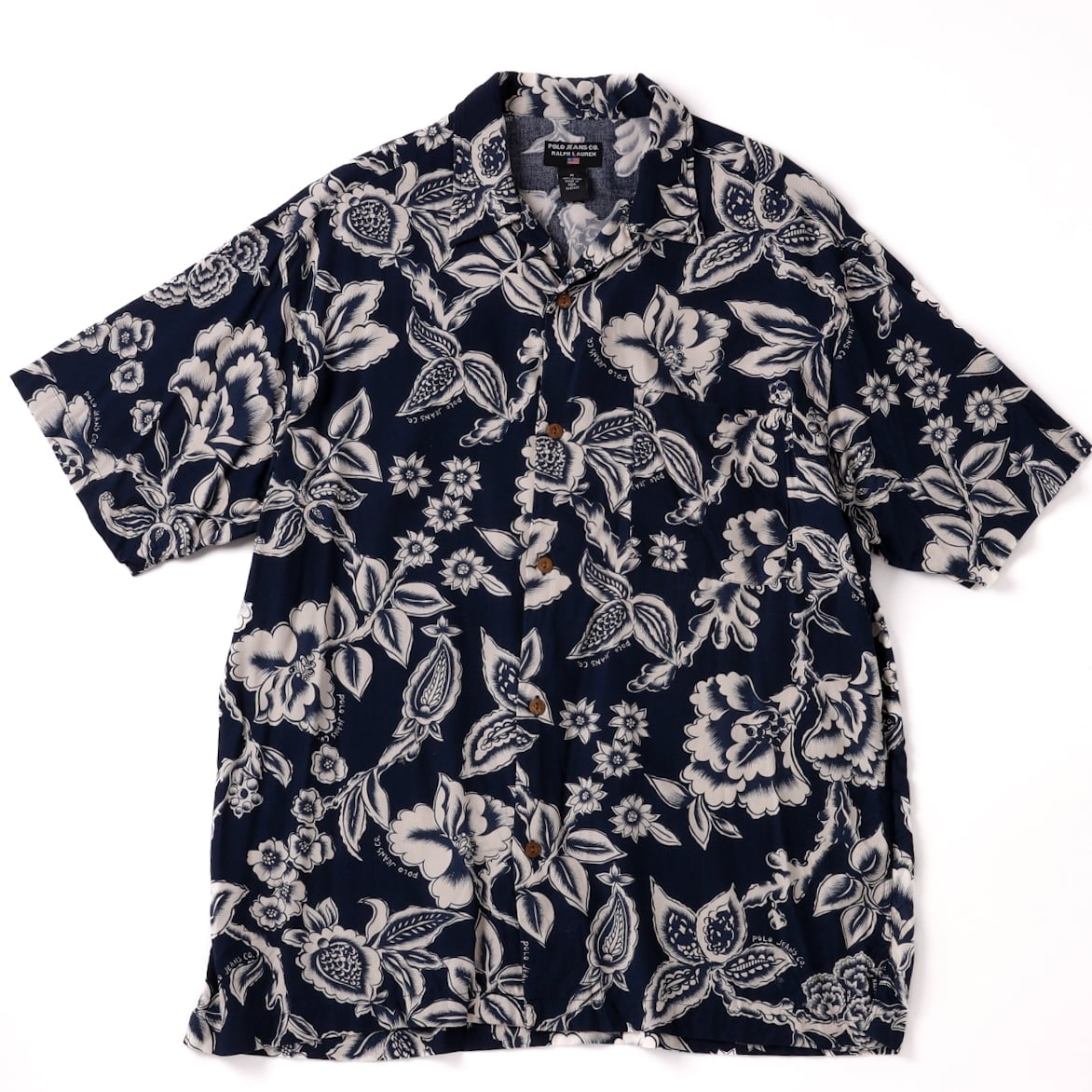 極美品】90s Ralph Lauren rayon open collar shirt S/S navy/white
