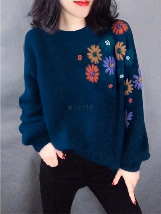 ニット/ニットトップス/花柄/刺繍/花柄刺繍ニットセーター/レディース 