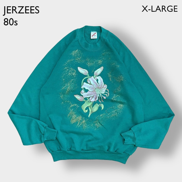 JERZEES 80s USA製 スウェットシャツ トレーナー カワイイ系 ラメ 花 ラグラン エメラルドグリーン SWEATSHIRTS XL ヴィンテージ US古着