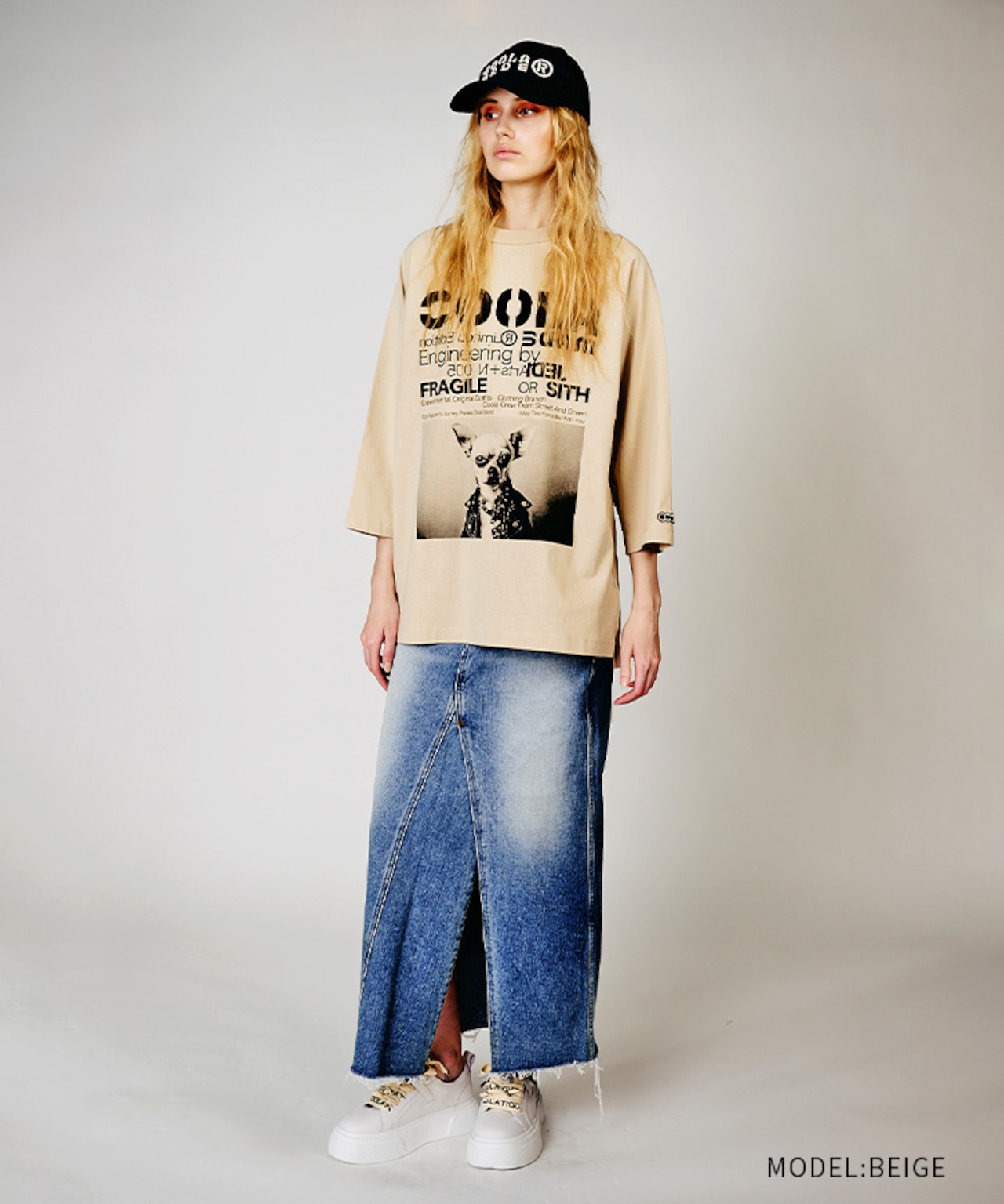 【先行販売】COOLA DOGGYフォトプリントラグランスリーブTシャツ (BEIGE) CQ-48024