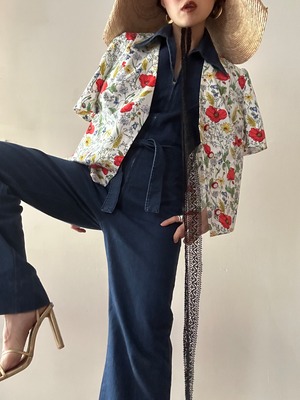 80-90s Vintage Collarless Floral Short Sleeves Jacket