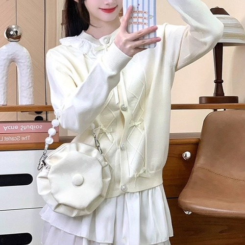 フリルラウンドネックリボンデザインニットカーデ ・71825