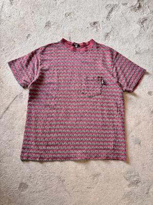 80～90s OLD STUSSY/Jacquard Pocket Tee/USA製/黒タグ/M(L相当)/ポケT/ジャガ－ド織Tシャツ/バーガンディ－/ステュ－シ－/オ－ルドステューシー