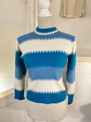 60's blue white design middle neck knit sweater