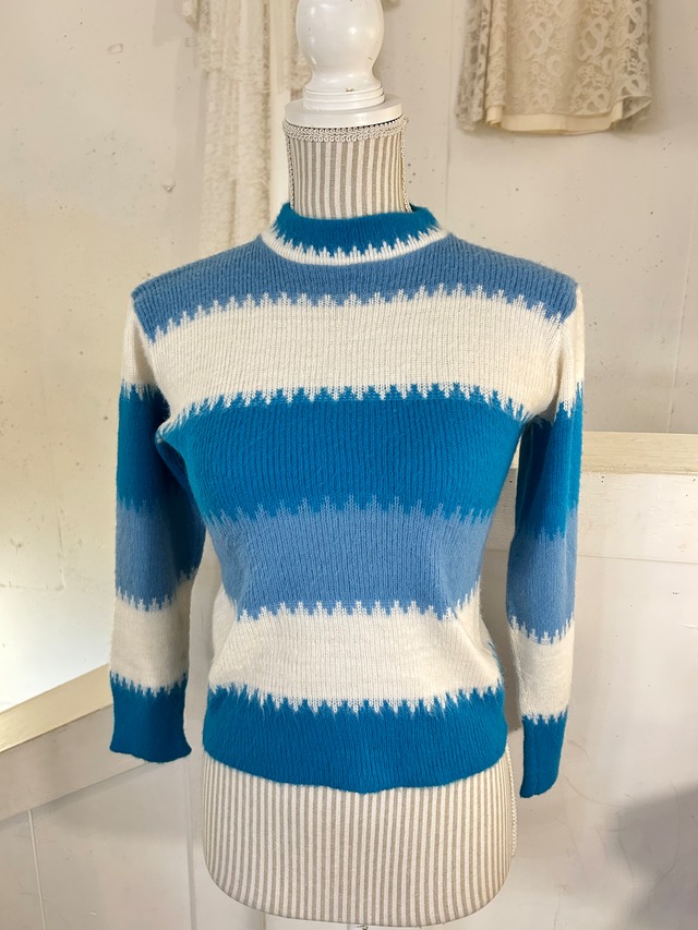 60's blue white design middle neck knit sweater